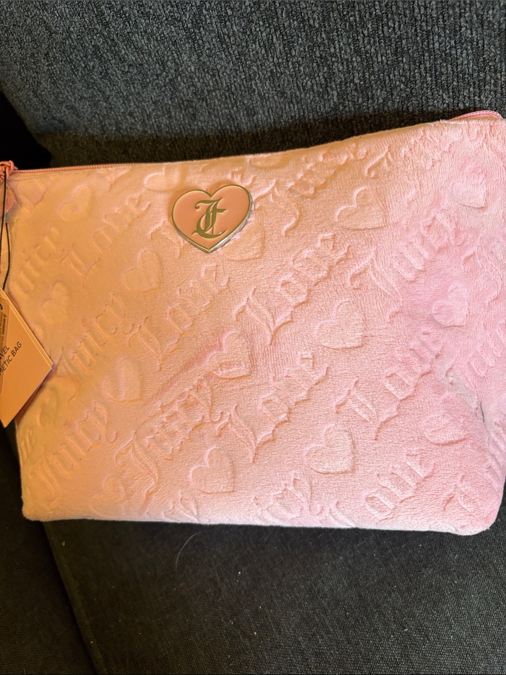 Juicy Couture Pink Heart-Embossed Plush Cosmetic Pouch with Gold Heart Logo